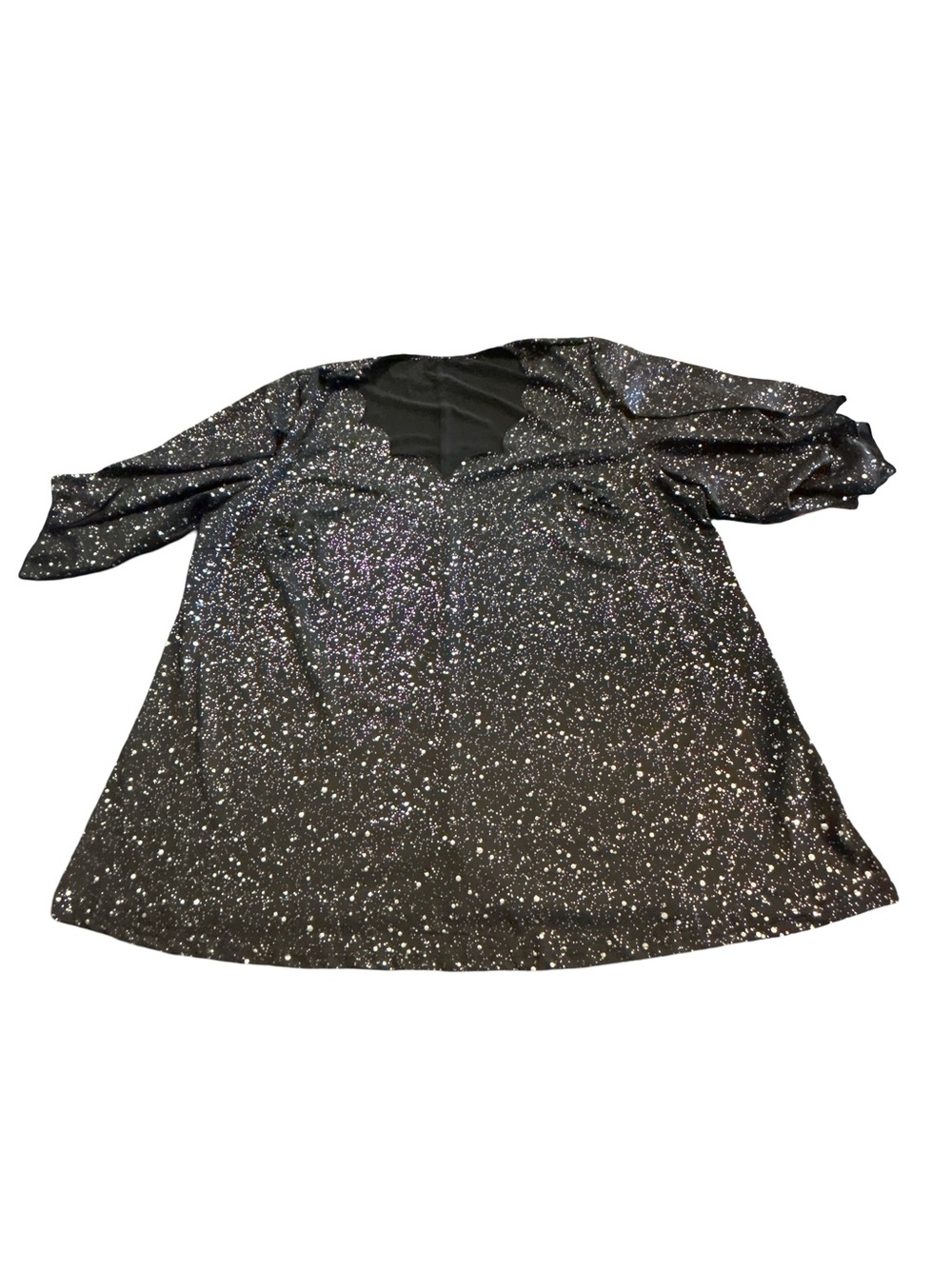 2XL Black Glitter Gothcore Dark Whimsigoth Cold Shoulder Scallop Neck Blouse